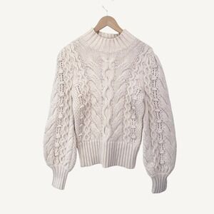 Banana Republic Cable Knit Puff Sleeve Sweater S Cream Cottagecore Boho Cozy